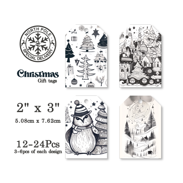 Black & White Gift Tags – Christmas Theme (Pack of 12-24pcs)
